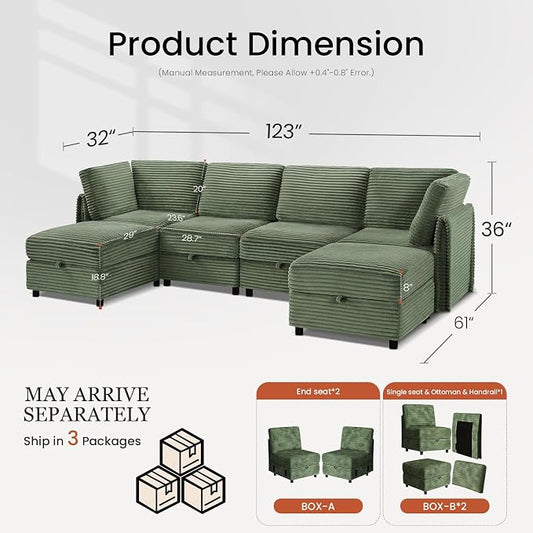 KKL Modular Sectional Couches for Living Room U-Shaped 6 Seater Couch with Storage Ottoman, Convertible L-Shaped Modular Sofa Plush Wide-Wale Corduroy Couch, Apartment, Modern Design, Green