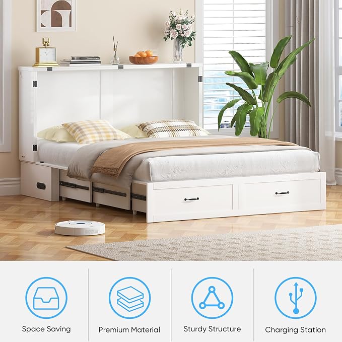 Mjkone Queen Size Murphy Bed Cabinet with Mattress Included, USB Charging Station, Storage Drawer, Panel, 63.39" Width Chest Cabinet Murphy Beds for Guest Room Small Spaces Saving Home Offices, White