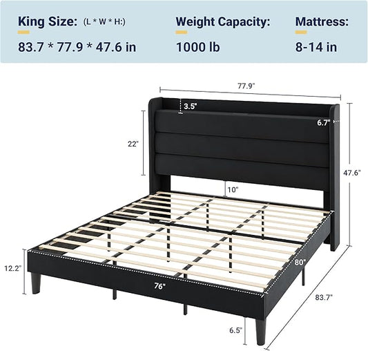 Allewie King Size Upholstered Bed Frame with Charging Station & Storage Headboard, Soft Velvet Wingback Platform Bed, Strong Wooden Slats Support, No Box Spring Needed, Easy Assembly, Black