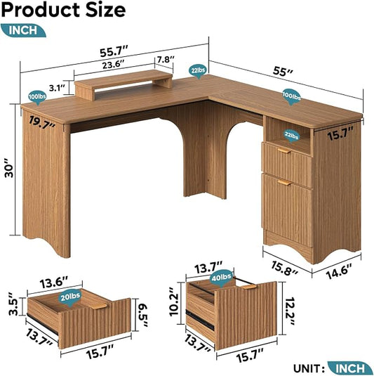 Bestier L Shaped Desk with File Drawer, 55.7" x 55" Office Computer Desk with Round Corners, Modern Desk with Monitor Stand & Fluted Panels for Home Office, Brown Oak