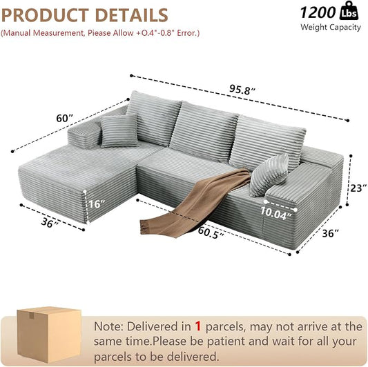 96" Modular Sectional Sofa, Modern Corduroy Cloud Couch with Deep Seat, Boneless Couch Upholstered 3-Seater L-Shaped Sofa for Living Room, No Assembly Required (Light Gray, Left-Facing Chaise)