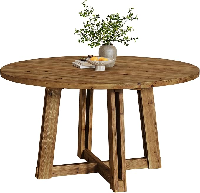 47.3" Solid Wood Dining Table for 4-6, Round Kitchen Table with Wood Legs, Farmhouse Kitchen & Dining Room Furniture, Brown
