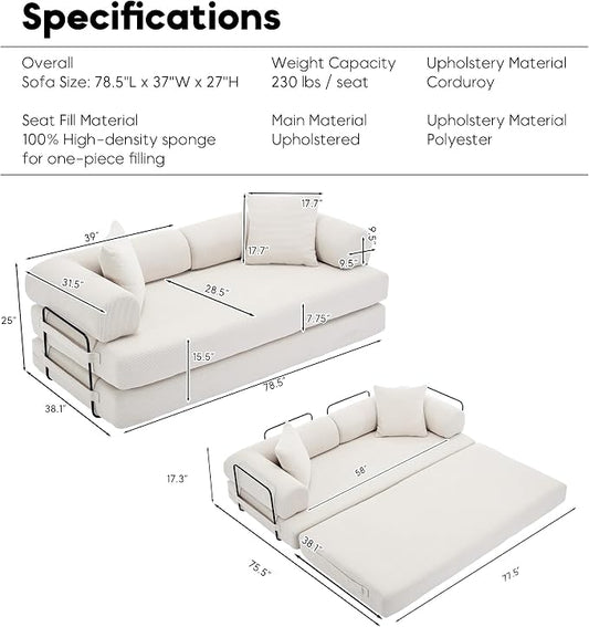 ZEIINPA Convertible Sleeper Sofa Bed with Cylindrical Pillow, Corduroy Folding Mattress Couch with Fixed-Shape Frame, Floor Sofa Lounge Couch for Living Room Bedroom Lounge Studio, Beige