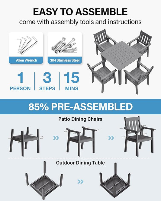 YEFU HIPS Patio Table Set: 5 Piece Outdoor Square Table and Chairs with Metal Aluminum Frame - Gray Modern Plastic Patio Dining Furniture Set 4 Person for Outside Deck
