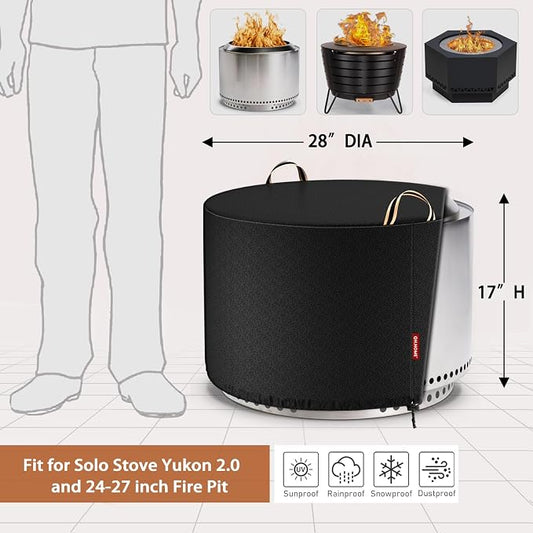 QH.HOME Fire Pit Cover Round for Solo Stove Yukon 27", Waterproof Smokeless Fire Pit Cover, 600D Strong Tear Resistant, Fits for Gas/Table/Bowl Fire pits - 28" D X 17" H