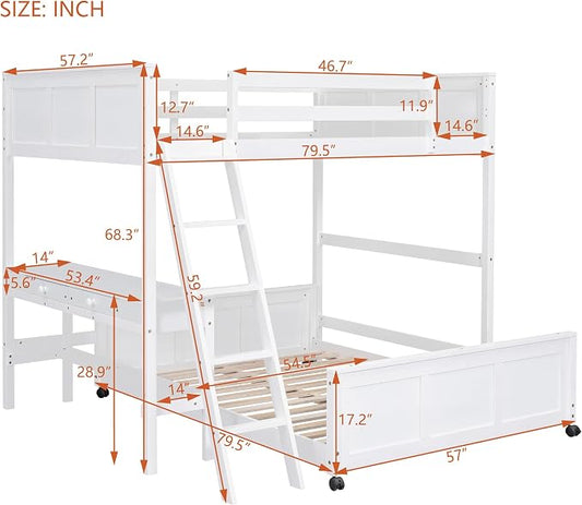 Ball & Cast Full Over Full Bunk Bed with Safty Guardrail & Stairway,Heavy Duty Wood Loft Bedframe W/Desk & Drawers,Easy Assembly,Versatile Functional Bedroom Furniture Set for Boy Girl Teens,White
