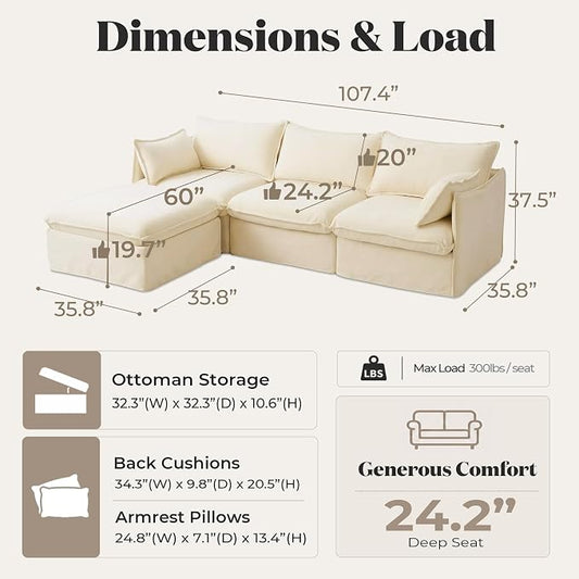 Cloud Modular Sectional Sofa, Oversized Deep Seat Comfort, Luxe Chenille | Fully Removable Washable Covers, Memory Foam Seat Cushions, Storage Ottoman, Premium Fabric
