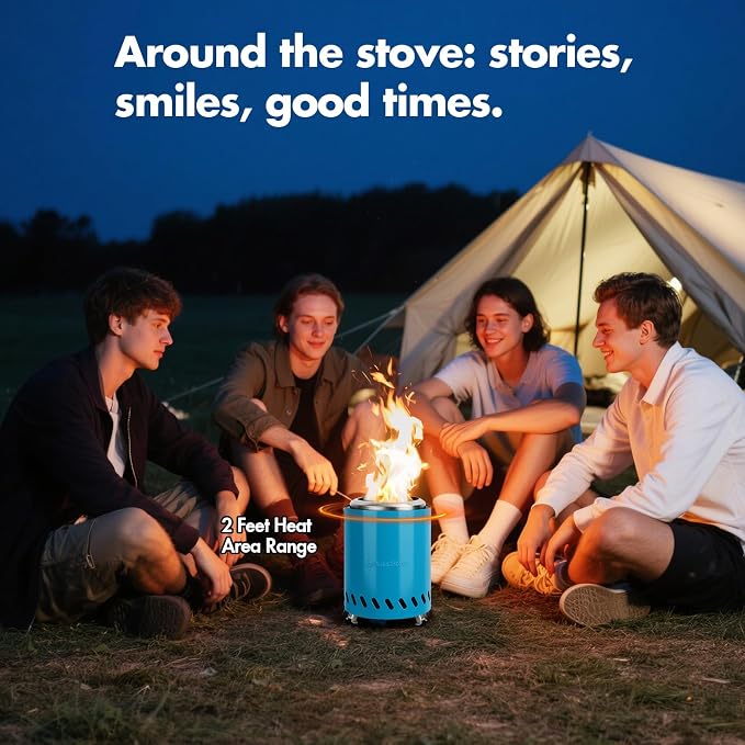 9.7 x 7.1 Inch Tabletop Fire Pit by AmazStove, Low Smoke Camping Stove for Outdoor Safe Burning Firepits, Fueled Pellets or Wood, Travel Bag Included (Blue, 9.7 x 7.1 INCH)