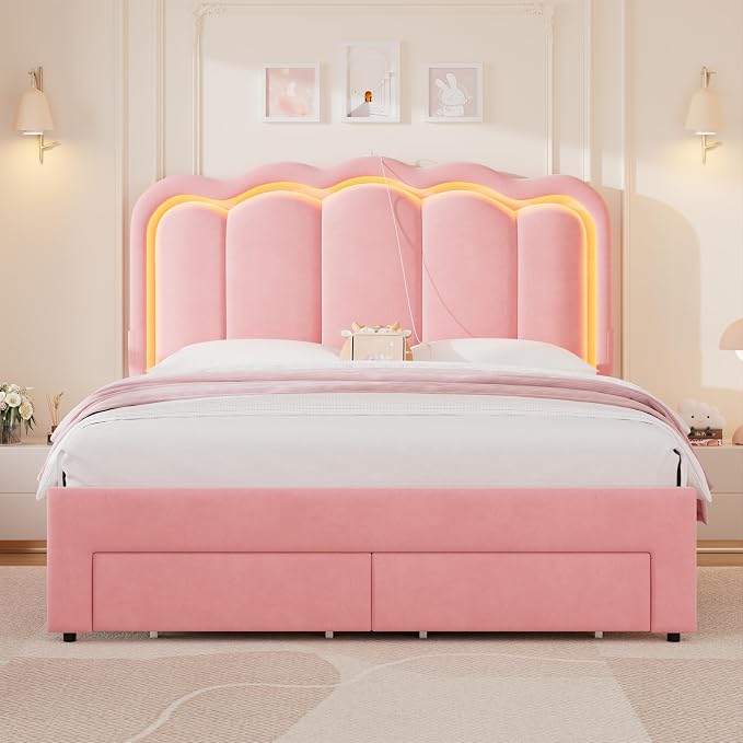 Full Upholstered LED Bed Frame with 2 Storage Drawers and Adjustable Chic Double Wavy Headboard, Velvet Princess Platform Bed with Charing Station, Solid Wood Slats Support,No Box Spring Needed, Pink