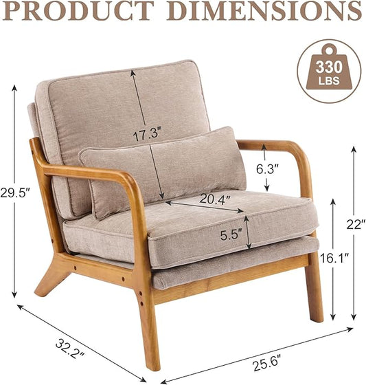 Karl home Mid Century Modern Accent Chair with Lumbar Pillow & Oak Arms – Plush Chenille Living Room Chair for Bedroom, Lounge (Khaki)
