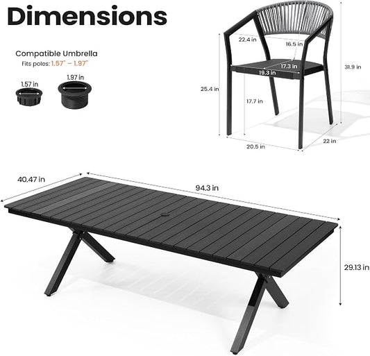 Pellebant Aluminum 11-Piece Outdoor Dining Table Set for 8-10 Person | Patio Stackable Chair with U-Shaped Wicker Backrest, 94" Table with Wood-Grain Top & Umbrella Hole, Aluminum Frame Furniture
