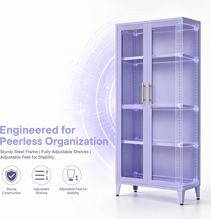 Lockable 61 Inch Tall Metal Storage Cabinet with Adjustable Shelves,4-Tier Steel Storage Locker,2-Door Metal Display Cabinet for Bedroom,Living Room, Home Office Purple