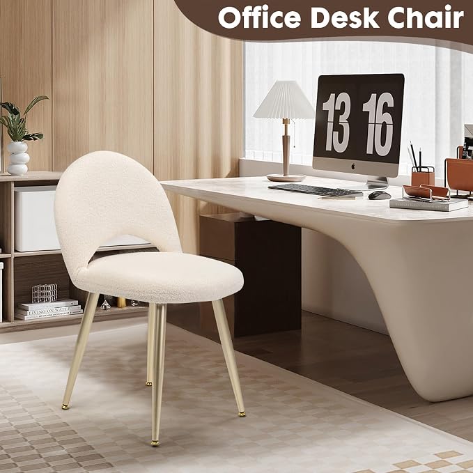 Vanity Chair with Adjustable Backrest Boucle Upholstery Amless Makeup Stool, White Sherpa Vanity Stool with Gold Metal Legs forBedroom Living Room Kitchen Dinning Room (Off White)