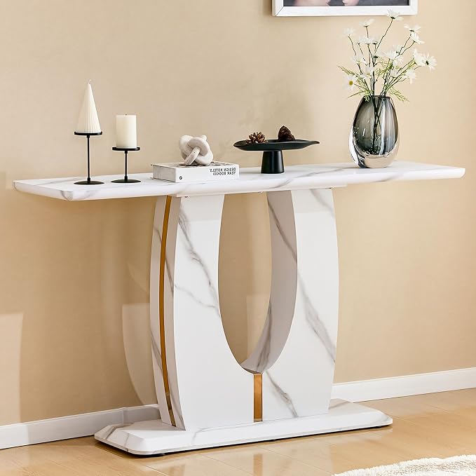 LKTART 55" MDF Console Table for Entryway, Narrow Entryway Table with Faux Marble Pattern, Couch Tables Behind Sofa with U-Shaped Base for Living Room Hallway Foyer, White