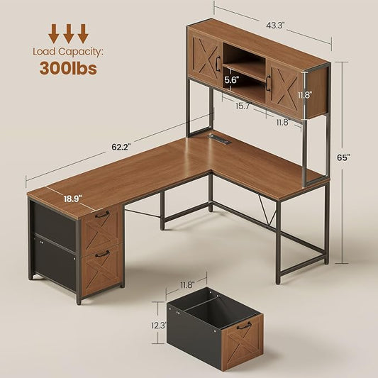 SEDETA Farmhouse L Shaped Desk with Hutch, Reversible 86.6" Home Office Two Person Desk with Drawers and LED Light, Corner Gaming Desk with Power Outlet and Storage Shelves, Brown