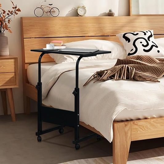Karl home Mobile Side Table 31.5 inch Computer Desk with Wheels Height Adjustable Rolling Potable Laptop Cart, C-Shaped Bed Couch Sofa End Tables with Edge Stopper for Livingroom Bedroom, Black