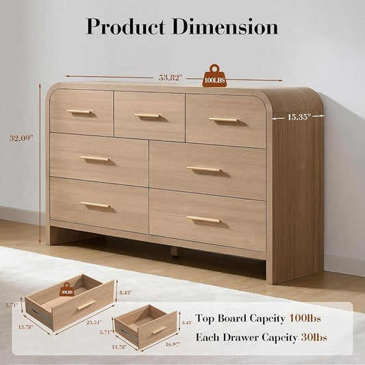 Curved 7 Drawer Dresser for Bedroom, 53.82'' Wide Chest of Drawers, Modern Storage Cabinet for Hallway & Living Room TV Stand, FSC Certified 1.18" Thick Board, 100 lbs Top Weight, Oak