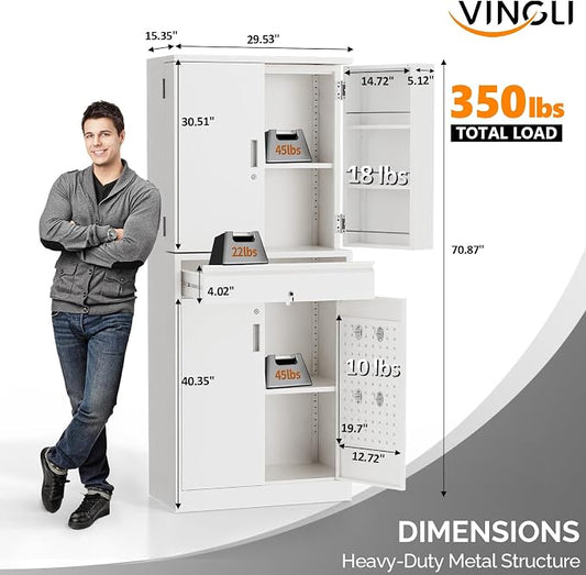 VINGLI Metal Storage Cabinet with 4 Doors & 1 Drawer, 71'' Steel Locking Cabinet with 6 Door Hanging Shelves and Adjustable Shelves for Garage, Warehouse, Home Kitchen, Dining Living Room (White)