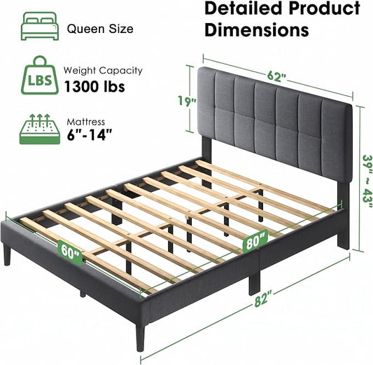 Marsail Queen Upholstered Bed Frame, Solid Wood Adjustable Headboard, 12 Support Legs Hold Up to 1300 Lbs, Sturdy & Durable, Fits 6"-12" Mattresses, Ideal Height, Easy Assembly, Dark Gray