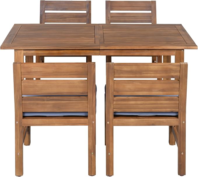 Quarte Premium 4-Piece Farmhouse Outdoor Dining Set in Solid Acacia Wood with Comfort Cushions and Adjustable Legs for Patio, Garden, Backyard (Brown+Gray5)