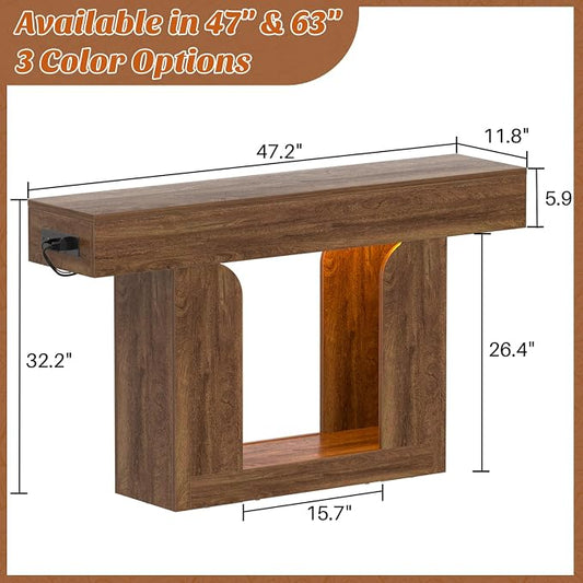 Homieasy Console Table, 47" Entryway Table with LED Lights & Charging Station, Farmhouse Wooden Sofa Table Behind Couch, Narrow Hallway Table for Living Room, Foyer, Entry, Rustic Oak