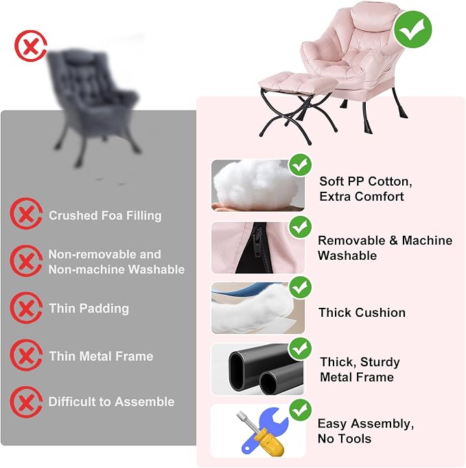 Furlide Lazy Chair with Ottoman, Modern Chair with Folding Footrest, Lounge Accent Chair, Comfortable Reading Chair, Oversized Armchairs for Bedroom, Study, Living Room, Courtyard (Pink)