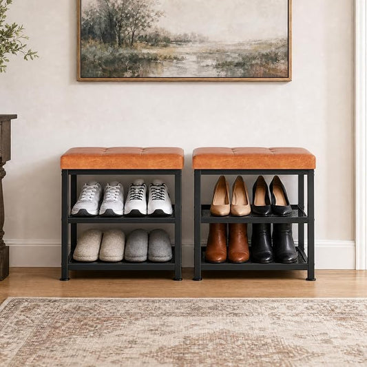 Small Shoe Storage Bench with PU Leather Seat Cushion, 3-Tier Freestanding Shoe Rack Organizer for Entryway, Heavy-Duty Metal Mesh Shelves, Supports Up to 300 lbs, Brown (15.7"x11.4"x17.5")
