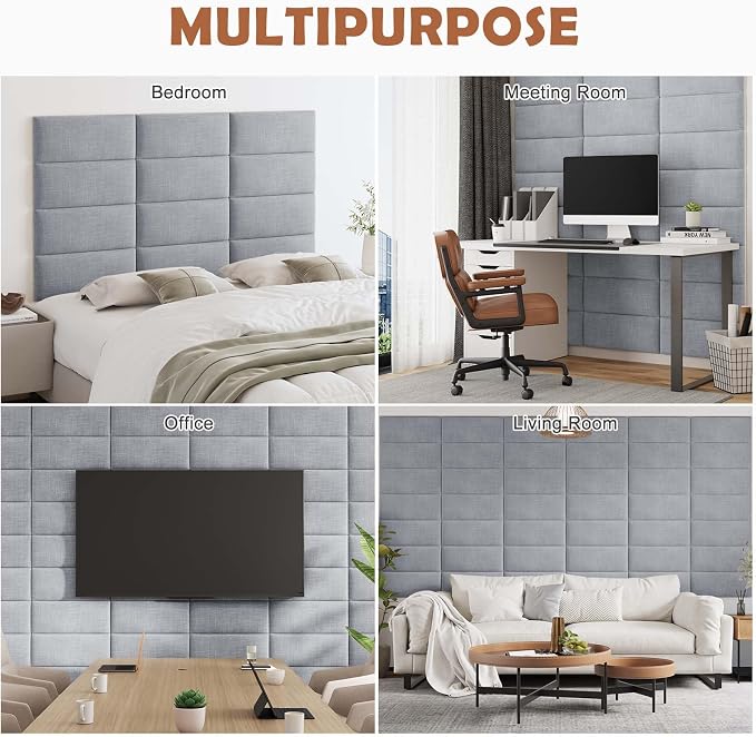 IFNOW Upholstered Wall Mounted Headboard, 3D Soundproof Wall Panels Peel and Stick for Queen Size, Reusable and Removable Tufted Bed Headboard in Light Grey (9 Panels, 10" x 24")