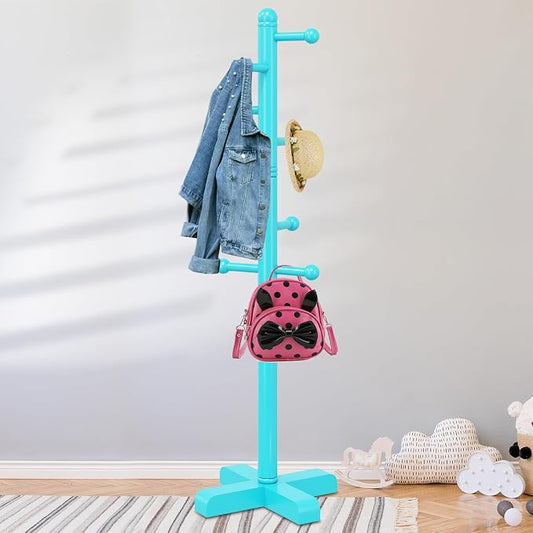 Coat Rack, Freestanding Coat Racks with 8 Hooks 2 Adjustable Height, Tree Coat Rack for Bedroom, Hallway, Entrance, Office, Hats, Handbags,Purse (Blue)