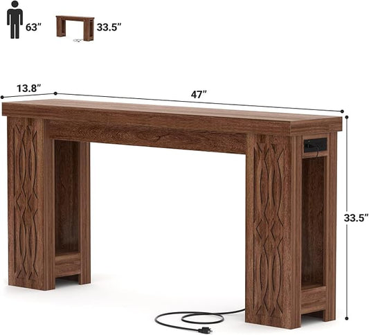 Cyclysio 47" Console Table with Outlet, Farmhouse Entryway Table with Colorful LED Lights, Wooden Sofa Table with Unique Carved Design, Foyer Accent Table for Entrance, Hallway, Living Room
