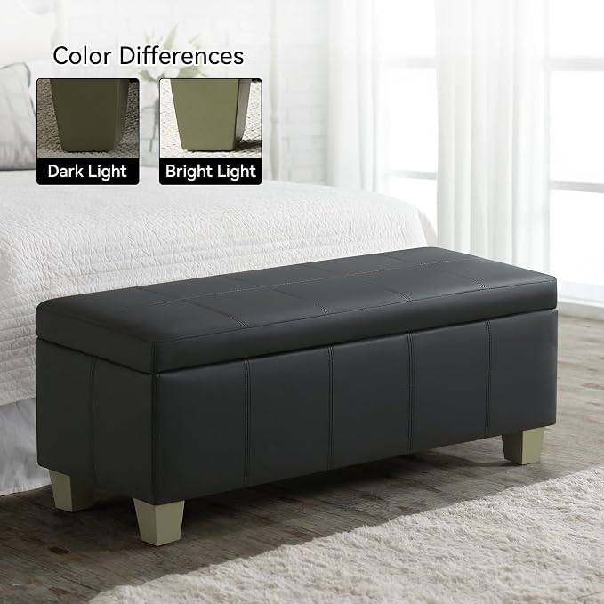 WUTUTUEE 41" Faux Leather Storage Ottoman, Stitch Tufted Rectangle Upholstered End of Bed Storage Bench, Entryway Large Couch Ottoman with Wooden Legs, Dark Black