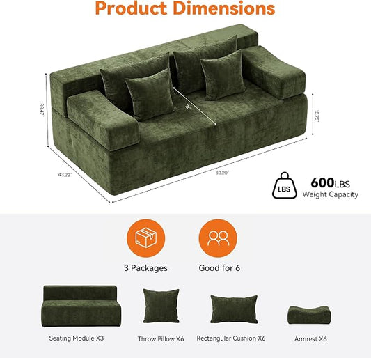 MONVANE 3-Piece Boneless Loveseat Couch Set for Living Room, Oversized Modular Sectional Sofa Set with Removable Armrests, Comfy Chenille Cloud Couch with 12 Pillows, No Assembly Required, Green