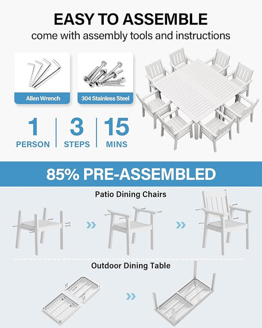 YEFU HIPS Patio Table Set: 10 Piece Outdoor Table and Chairs Dining Furniture Set with Umbrella Hole - White Modern Plastic Dining Sets 8 Person for Outside Deck with Metal Aluminum Frame