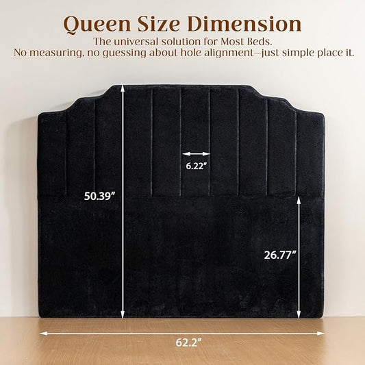 Queen Headboard Only - Black Velvet Upholstered Headboard for Bed, No Assembly Required, Pure Sponge Design, Comfort Head Board, Place Between Bed & Wall, Vertical Stripe with Stepped Crown Top Edge
