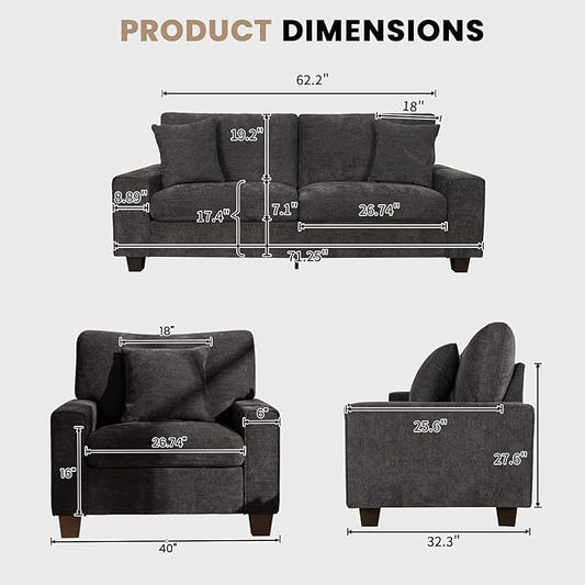 DOPEDIO Modern Living Room Sofa Set, 71.25" Chenille Loveseat with 2 Accent Chairs, Removable Covers, Spring Cushions, Solid Wood Frame, Easy Assembly(71.25inch+2 Single,Dark Grey)