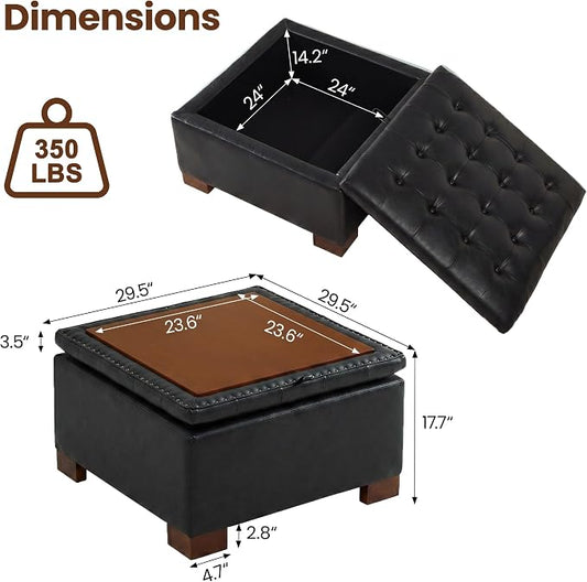 30 Inch Square Storage Ottoman Coffee Table, Modern Tufted Upholstered Ottoman with Flip Tray and Solid Wood Legs, Suitable for Living Rooms, Faux Leather Black