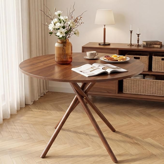 VINGLI 37.5" Round Dining Table for 4, Wood Kitchen Table, Walnut | Cross Metal Leg, Adjustable Feet, Wood Tabletop, Mid-Century Modern Style, for Living Room, Dining Room, Kitchen, Small Place