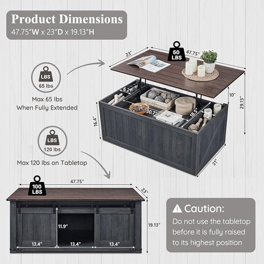 IFGET 48" Lift Top Coffee Table, Farmhouse Cocktai with Sliding Groove Barn Door, Rustic Wood Center Table w/Double Storage Spaces for Living Room, Dark Grey