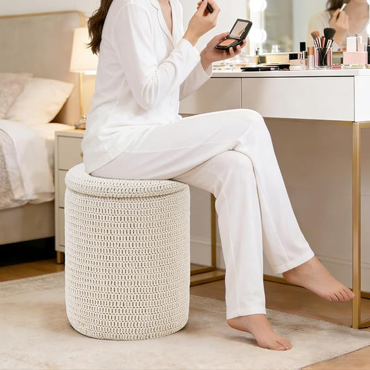 Wimarsbon Pouf Ottoman, 100% Cotton Knitted Boho Footstool, Round Footrest with Non-Skid Wood Legs, Home Décor Handmade Pouffe, Leisure Floor Step Stool for Living Room (14inch White Storage Ottoman)