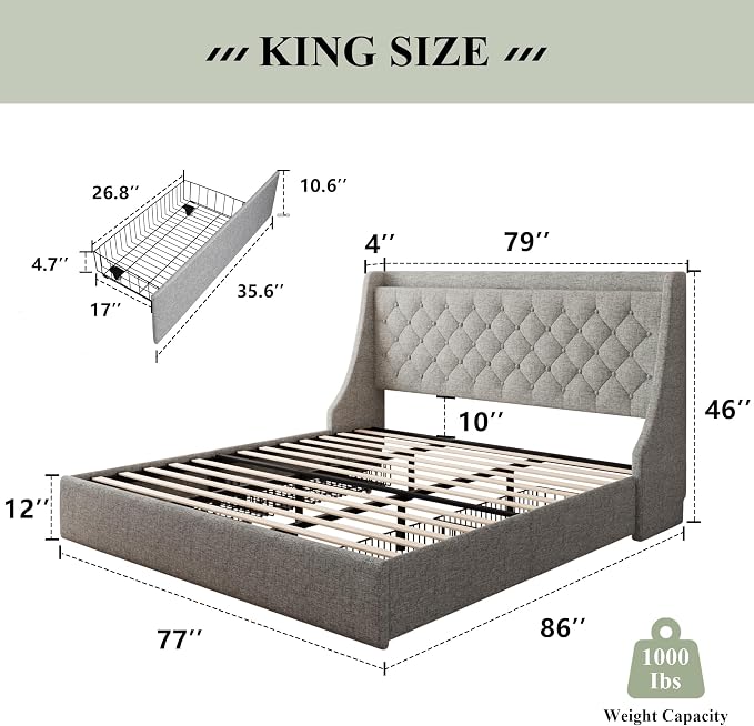 Feonase King Size Bed Frame with 4 Storage Drawers, Storage Bed with Charging Station, Tufted Wingback Headboard, No Box Spring Needed, Light Grey