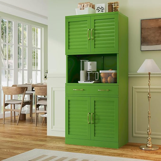 Kitchen Pantry Cabinet with Drawer - Freestanding Storage Cabinet | Furniture-Inspired Storage with Modern Louvered Design,120 lb Adjustable Shelves with Steel Durability