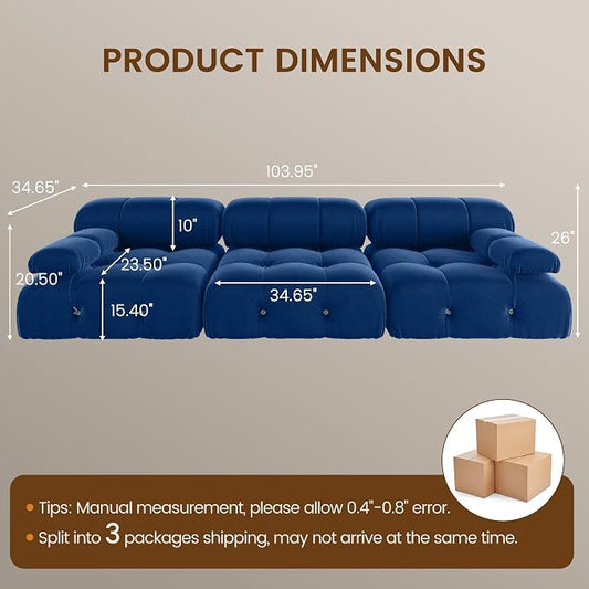 104" Velvet Modular Sectional Sofa, Luxury Modern 3-Seater Sectional Couches for Living Room Bedroom Office Apartment (Blue)