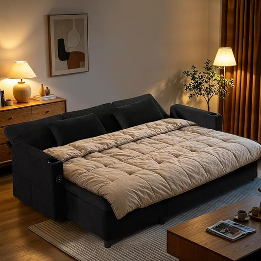 84" Fabric Pull-Out Couch Bed w/Adjustable Backrests, Black | Sectional Sleeper Sofa w/USB Ports & 2 Cup Holders, Upholstered L-Shaped Couch w/Storage Chaise for Living Room, House