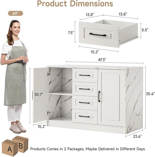 ONBRILL 47.3" Kitchen Island with 2 Storage Cabinets & 4 Drawers, Modern Imitation Marble Dining Table with Power Outlet, Island Bar Table for Kitchen, Dining Room, Living Room, White