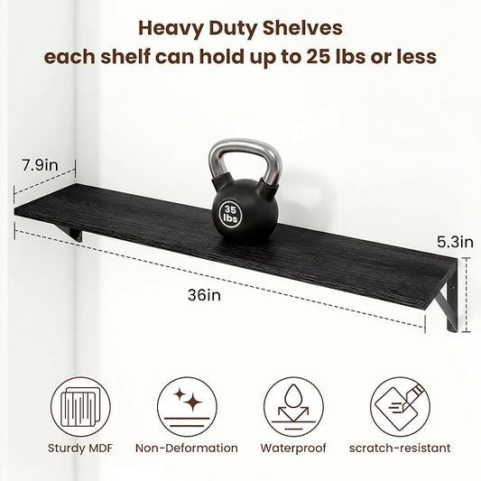 Axeman 36 Inch Floating Shelves | 8 Inch Deep Black Wall Shelves Set of 2 | 36''W x 8''D Rustic Black Wood Shelves for Bathroom Living Room Bedroom Kitchen