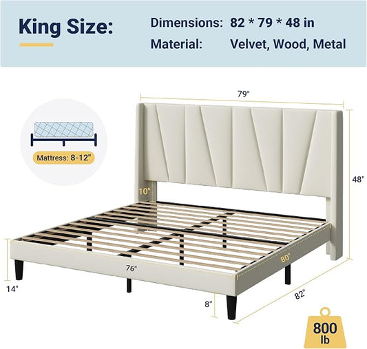 Allewie King Size Platform Velvet Bed Frame with Geometric Wingback Headboard, Boho Upholstered Bed with Wooden Slats Support, No Box Spring Needed, Easy Assembly, Cream