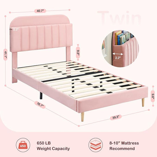 IDEALHOUSE Twin Bed Frames, Upholstered Platform Bed Frame with Bookcase Headboard, Velvet Platform Bed Mattress Foundation, Heavy Duty Steel Support Legs, Easy Assembly, Noise Free, Light Pink