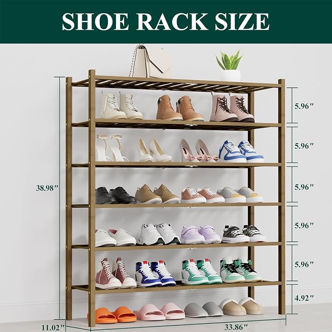Smiry Long Bamboo Shoe Rack, 6 Tier Free Standing Wooden Shoe Organizer, Stackable Wood Shoe Storage Shelf for Closet, Entryway, 14 Vertical Slats, 2+2+2 Stack Thicker Legs, 33.7"x11"x39", Walnut