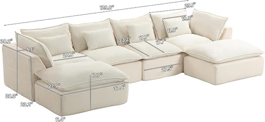 Boneless Couch Sectional Sofas Cloud Couches for Living Room | 130'' Modern Modular Cloud Sofa with Pillows and Ottoman for Bedroom