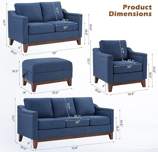 HAOMARKETS Modern 3 Piece Sofa Set with Rivets, Included Fabric Accent Chair, and Upholstered 3-Seater Couches Set of 2 with Solid Wood Legs, Living Room Furniture Set,Blue
